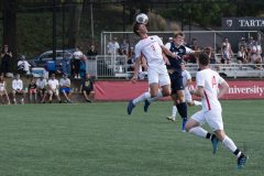 Carnegie Mellon's Jonty Nobbs and John Carroll's Cooper Bizjak jump for a header as the John Carroll and Carnegie Mellon University D3 Men's Soccer teams clash on September 22, 2019 at the CMU Soccer Field.